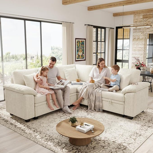 Ihanherry 86" Modular Sectional Sofa with Pull Out Bed, 5-Seater L Shaped Sectional Sleeper Couch with Storage, Chenille Convertible Couches for Living Room, Apartment (Beige)