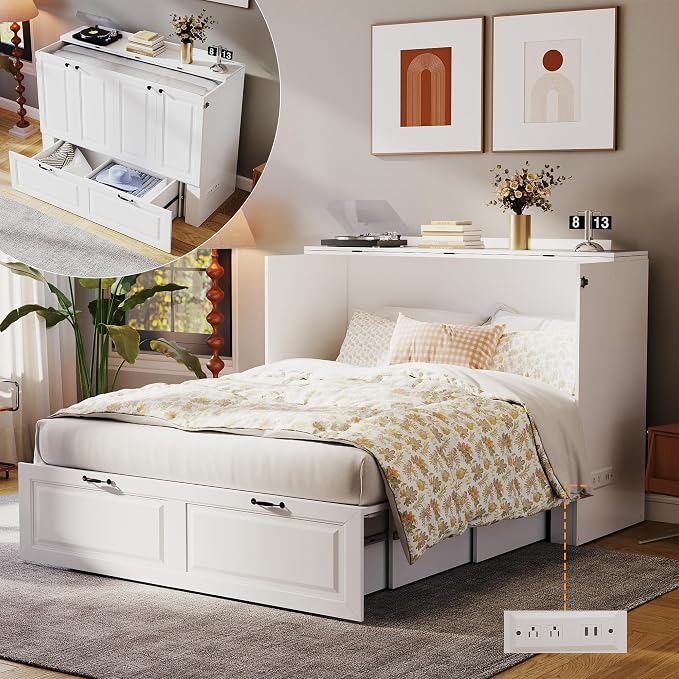 Murphy Bed Full Size: White 2 in 1 Murphy Bed Cabinet with Drawer, Wood Cabinet Bed with Charging Station, Modern Hidden Beds for Small Spaces