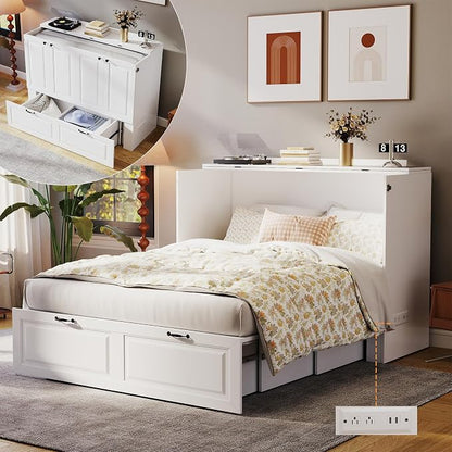 Murphy Bed Full Size: White 2 in 1 Murphy Bed Cabinet with Drawer, Wood Cabinet Bed with Charging Station, Modern Hidden Beds for Small Spaces
