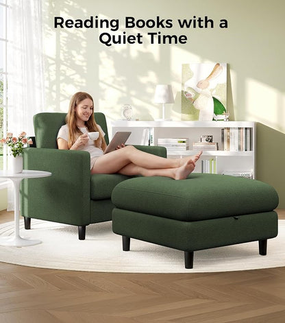 Welzona Sofa Accent Chair with Ottoman, 33" Reading Chair and Ottoman Set for Bedroom, Tool-Free Setup Living Room Accent Chairs, Comfy Arm Chairs Living Room, All-Wood Reading Nook, Green