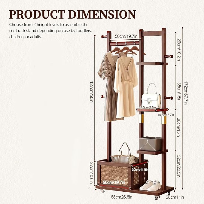 Wood Clothes Rack with Storage, 4 Shelves, 4 Hooks, Garment Rack with wheels, Coat Rack Freestanding, Clothing Rack Heavy Duty Hall Tree for Living Room Hallway, Office (3in1-856)