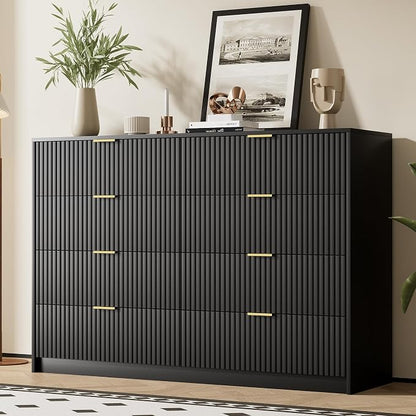 Furniway Black Dresser Bedroom Set 3 Pieces, Nightstands Sets of 2, 8 Drawer Dresser with Gold Handles for Bedroom