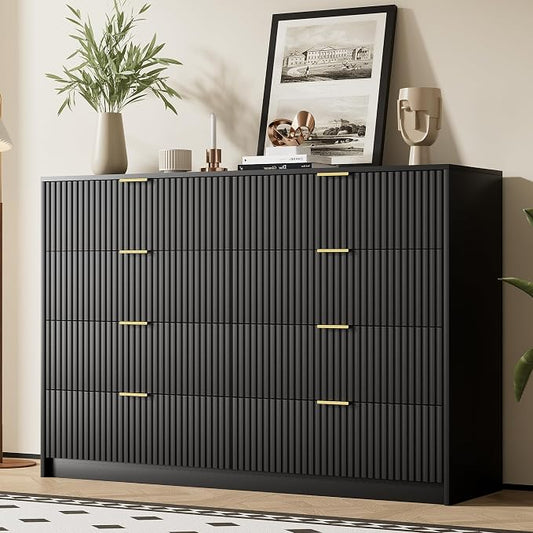 Furniway Black Dresser Bedroom Set 3 Pieces, Nightstands Sets of 2, 8 Drawer Dresser with Gold Handles for Bedroom