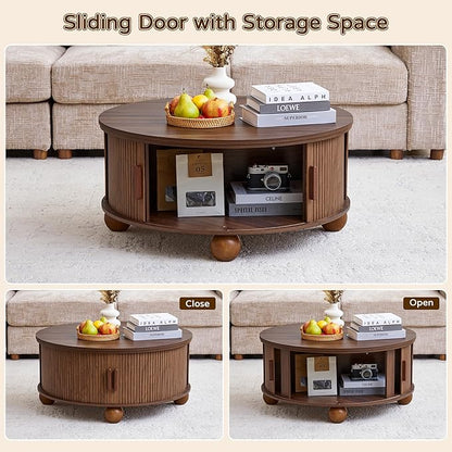 Round Lift Top Coffee Table with Hidden Storage, 33.5'' Mid-Century Modern Fluted Coffee Table with Sliding Tambour Door & Solid Wood Legs, Circle Center Table for Living Room, Small Space (Walnut)