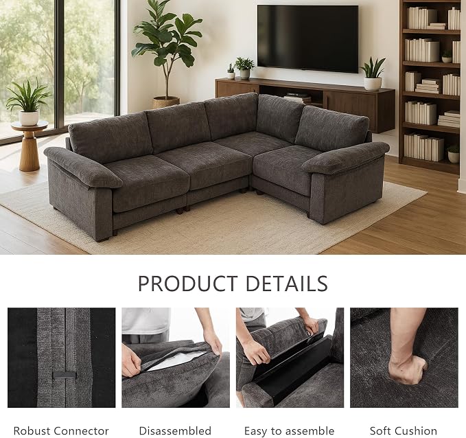 Oversized Modular Cloud Couch with Removable Washable Cover, L -Shaped Sectional for Large Living Room, Plush Chenille & Deep Seat（Grey）