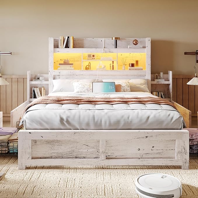 LUXOAK Full Bed Frame with 49.6" Bookcase Headboard & 2 Detachable Bedside Stoage Racks & 4 Drawers, Farmhouse Wood Bed Frame with RGB LED & Charging Station, No Box Spring Needed, Distressed White
