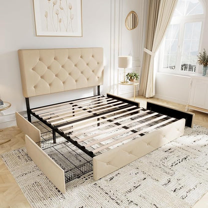 Allewie Upholstered Queen Size Platform Bed Frame with 4 Storage Drawers and Headboard, Diamond Stitched Button Tufted, Mattress Foundation with Wooden Slats Support, No Box Spring Needed, Beige