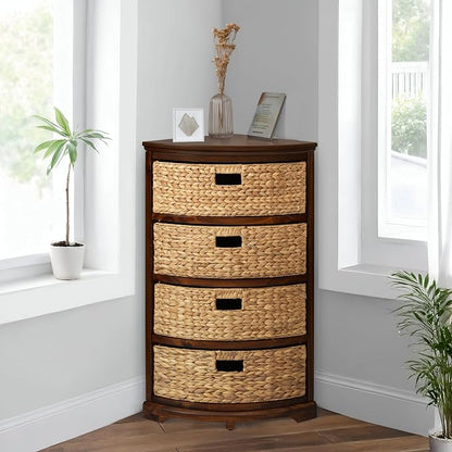 eHemco Hampton Meadows 4 Tier X-Side Corner Table, Walnut | Storage Cabinet, 4 Wicker Baskets