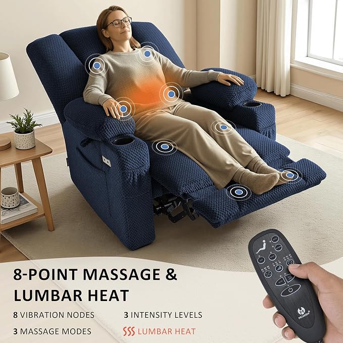 MCombo Oversized Zero Gravity Recliner Chair with Heating and Massage, Power Recliner for Big and Tall with USB & Type C Ports, Cup Holders for Living Room 8017 (Navy Blue, Oversized)