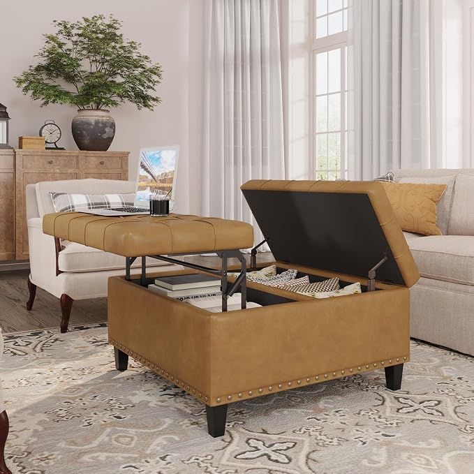 FiveWillowise Square Leather Ottoman with Storage, Faux Leather Coffee Table with Lift Top,Large Upholstered Footrest Stool Toy Box Storage Bench for Bedroom Living Room, Camel