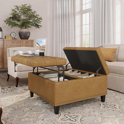 FiveWillowise Square Leather Ottoman with Storage, Faux Leather Coffee Table with Lift Top,Large Upholstered Footrest Stool Toy Box Storage Bench for Bedroom Living Room, Camel