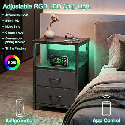 Fixwal Night Stand with Charging Station (2 AC Outlets & 2 U-S-B Ports) LED Nightstand Small Dorm Room Furniture, 2 Fabric Storage Drawers, Bedside Table End Tables Bedroom, Modern Black