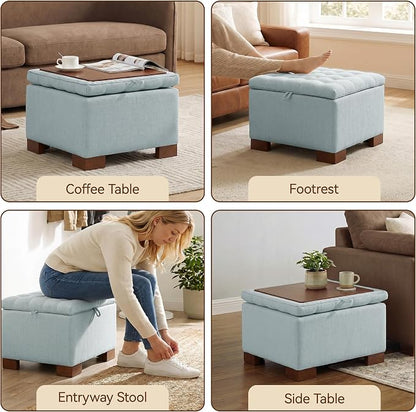24 Inch Square Storage Ottoman Coffee Table, Modern Tufted Upholstered Ottoman with Flip Tray and Solid Wood Legs, Suitable for Living Rooms, Linen Blue