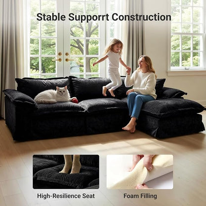 Claiks 123" Modular Boneless Couch, U Shaped Couch for Living Room, Modern Deep Seat Sofa 3 Seater Chenille Fabric Comfy Cloud Couches with Movable Ottoman, Black