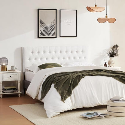 Tufted Upholstered Headboard Full Size, Adjustable Height 37- 51 in, White | Sturdy and Durable Solid Wood Full XL Headboard, Fabric Full Headboard Only, Modern Button Diamond Design Head Board