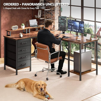 Korfile 59 inch L Shaped Computer Desk with Power Outlets, Home Office Desk with 4 Adjustable Storage Drawers & 2 Monitor Stands, Two Person Gaming Table for Bedroom, Rustic Brown