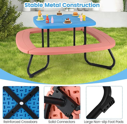 Costzon Kids Picnic Table, 8 Person Kids Outdoor Table and Chairs with Foldable & Adjustable Umbrella, 4 Built-in Benches, Toddler Outdoor Furniture for Backyard, Patio, Garden (Red)