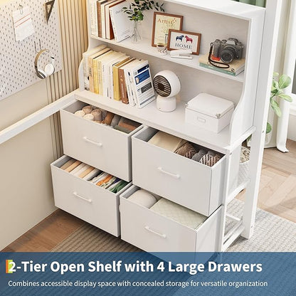 Twin Size Loft Bed with Desk, 4 Large Fabric Drawers and Open Shelves, Heavy Duty Metal Loft Bed with LED Lights, Power Outlets, Safety Guardrails & Ladder, Space Saving, No Box Spring Needed, White