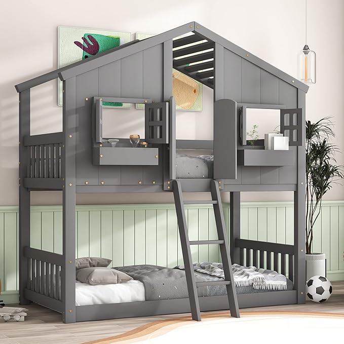 GDFStudio Twin Over Twin House Bunk Bed with Roof,Windows,Door,Window Boxes,Safety Guardrails & Ladder,Pine Wood Frame,Low-Height Kids Bunk Beds for Bedrooms,Playful Loft Bed with Easy Assembly, Grey
