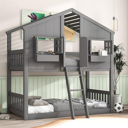 GDFStudio Twin Over Twin House Bunk Bed with Roof,Windows,Door,Window Boxes,Safety Guardrails & Ladder,Pine Wood Frame,Low-Height Kids Bunk Beds for Bedrooms,Playful Loft Bed with Easy Assembly, Grey