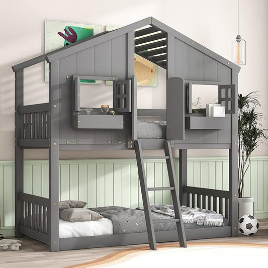 GDFStudio Twin Over Twin House Bunk Bed with Roof,Windows,Door,Window Boxes,Safety Guardrails & Ladder,Pine Wood Frame,Low-Height Kids Bunk Beds for Bedrooms,Playful Loft Bed with Easy Assembly, Grey