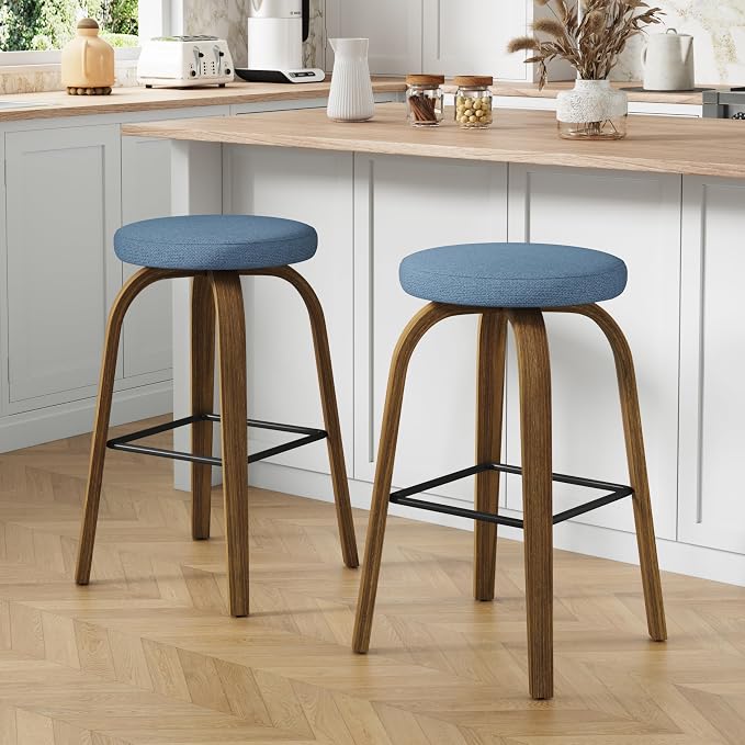 Bar Stools Set of 2, Counter Height Backless Bar Stools, 30" Swivel Barstools Kitchen Chair with Upholstered Fabric Seat, Blue