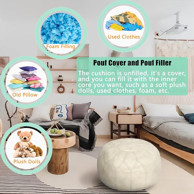 Thgonwid Unstuffed Moroccan Faux Leather Pouf Ottoman Cover with Storage - Boho Chic Multi-Use Footrest for Living Room, Bedroom, Patio - Round Ethnic Floor Cushion & Decorative Accent, Ivory