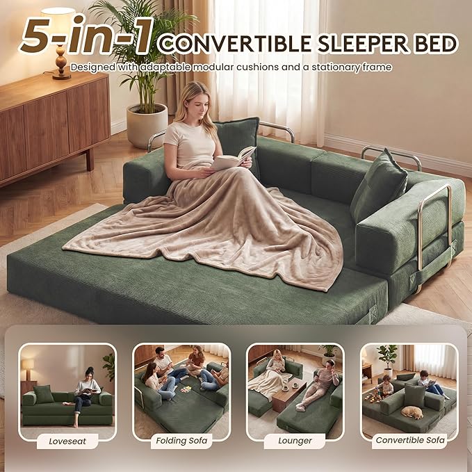 GRUSIGN 78 Inch Convertible Sofa Bed, 5-in-1 Futon Sofa Bed Pull Out Couch, Boneless Couch Bed for Living Room, Corduroy Boneless Couches for Bedroom, Apartment, No Assembly Sleeper Sofa Bed, Green
