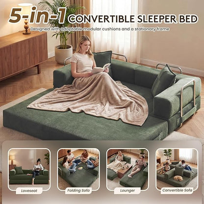 GRUSIGN 78 Inch Convertible Sofa Bed, 5-in-1 Futon Sofa Bed Pull Out Couch, Boneless Couch Bed for Living Room, Corduroy Boneless Couches for Bedroom, Apartment, No Assembly Sleeper Sofa Bed, Green