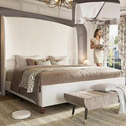 65.7" Tall Headboard California King Size Upholstered Bed Frame with Wingback, Soft Washable Corduroy Beds Cover, Solid Wood Legs, Noise-Free, No Box Spring Needed, Cream