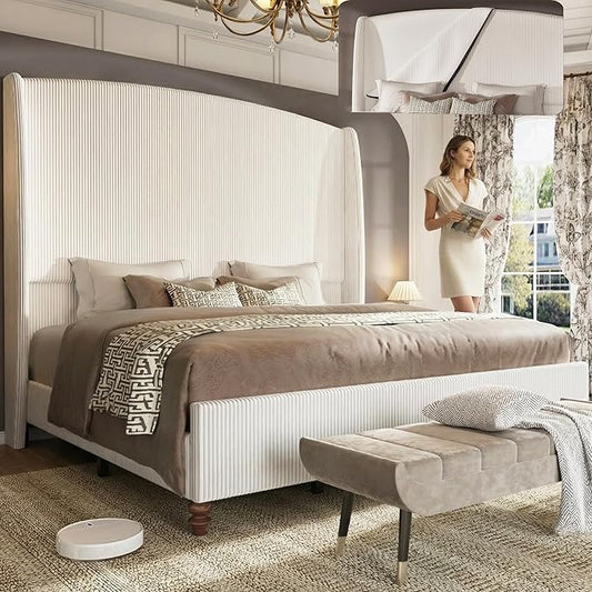 65.7" Tall Headboard California King Size Upholstered Bed Frame with Wingback, Soft Washable Corduroy Beds Cover, Solid Wood Legs, Noise-Free, No Box Spring Needed, Cream