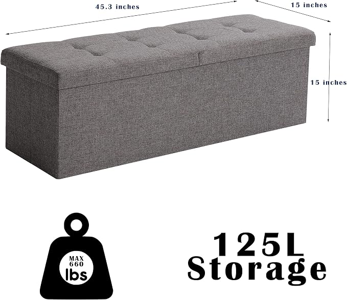 45.3 Inches Storage Ottoman Bench Foldable Seat Footrest Shoe Bench End of Bed Storage with Flipping Lid, 166L Storage Space, Linen Fabric Pink