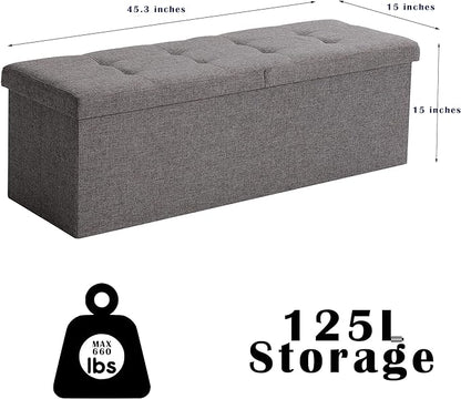 45.3 Inches Ottoman Bench With 166L Storage Space - Foldable Seat Footrest Shoe Bench for End of Bed - Flipping Lid, Linen Fabric, Navy