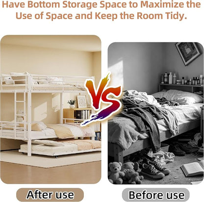 Bunk Bed with Trundle, Metal Twin Bunk Beds with Guardrail and Ladder for Kids/Teenagers/Adults, Space-Saving Bunk Bed Can be Split Into 3 Beds, No Box Spring Needed(White, with Trundle)