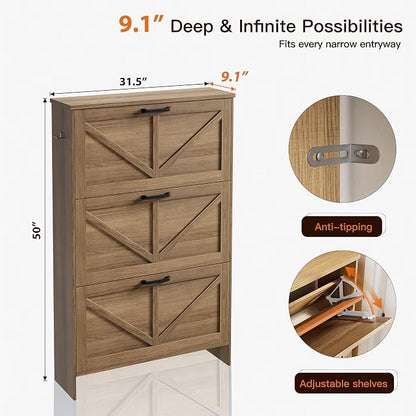 Nicetree 3-Drawer Flip Shoe Storage Tower – Slim-Profile Freestanding Rack with Adjustable 3-Tier Shelving, Rustic Shaker Barn Door Style, and Warm Caramel Finish – Compact Boot & Shoe Organizer