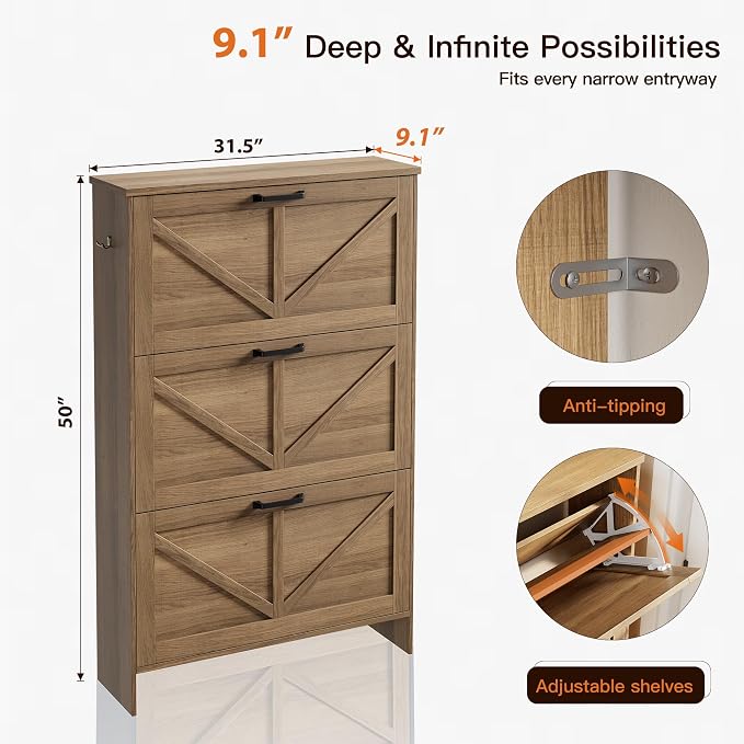 Nicetree Freestanding Shoe Cabinet for Entryways – Shaker Barn Door Style, 3 Flip Drawers, Ultra Slim 9.5" Depth – Farmhouse Shoe Rack with 3 Adjustable Shelves – Caramel Organizer for Hallway & Foyer