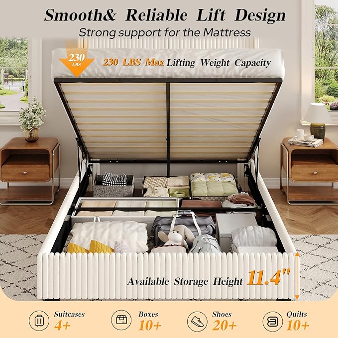 UNIQUITE Queen Size Lift Up Storage Bed Frame with 51 Inch Tall Wingback Headboard, Corduroy Upholstered Platform Bed with Hydraulic Storage, 2 USB Ports, No Box Spring Needed, Noise-Free, Beige