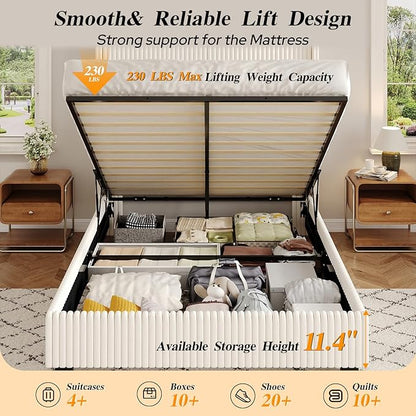 UNIQUITE Queen Size Lift Up Storage Bed Frame with 51 Inch Tall Wingback Headboard, Corduroy Upholstered Platform Bed with Hydraulic Storage, 2 USB Ports, No Box Spring Needed, Noise-Free, Beige