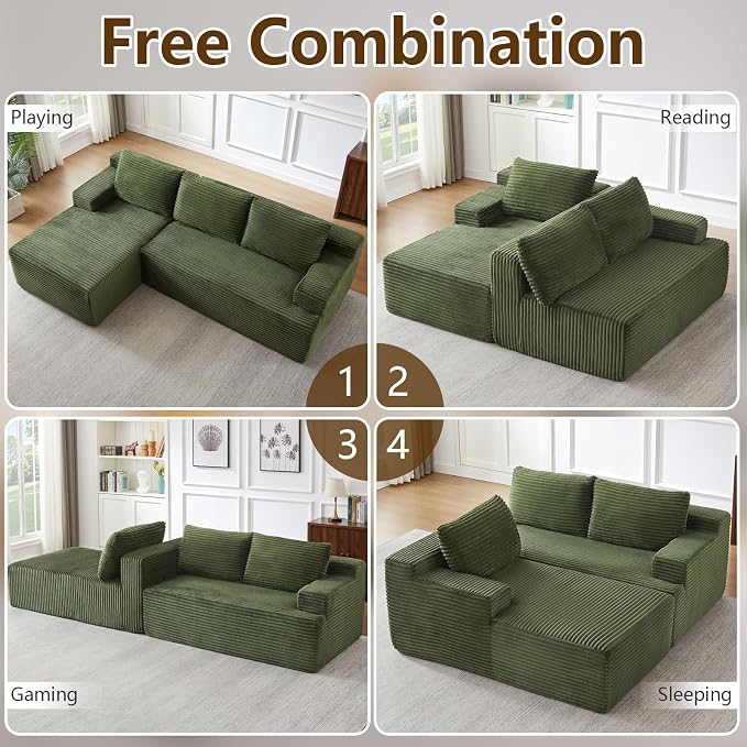 96.1" Modular Sectional Sofa Couches L-Shape Couch 3 Seat Modular Sofa Corduroy Memory Foam Sectional Boneless Couches for Living Room, Cloud Couch with Oversized Chaise(Green, Left Facing)