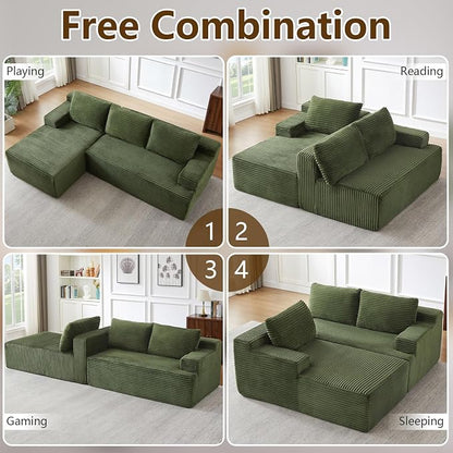 96.1" Modular Sectional Sofa Couches L-Shape Couch 3 Seat Modular Sofa Corduroy Memory Foam Sectional Boneless Couches for Living Room, Cloud Couch with Oversized Chaise(Green, Left Facing)