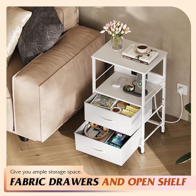 WLIVE White Night Stand with Charging Station, LED Nightstand with 2 Fabric Drawers and Storage Shelf, Dorm Bedside Table End Table with 2 USB Ports and Outlets, Small Dresser for Bedroom