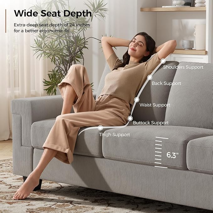 COPIAE 3 Seater Sofa Couch with Deep Seat, 90" Modern Upholstered Sofa with Armrests, Easy Installation, Comfy Couches for Living Room, Apartment, Light Grey