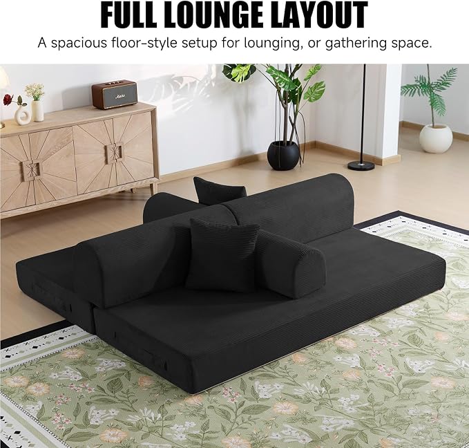 78.8" Boneless Memory Foam Couch, Corduroy Convertible Floor Sofa Bed, Fold-Out Sleeper Futon Loveseat, Wide Armrests & Supportive Back, 1200 lb, Couch in a Box, 2 Pillows, Black