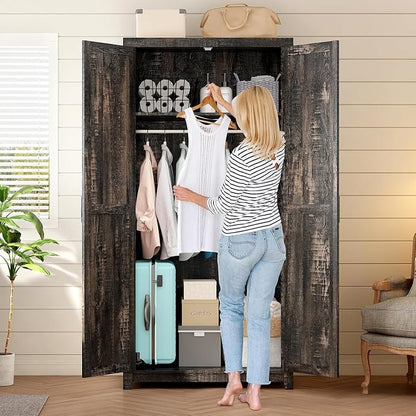 LUXOAK 70" Large Armoire Wardrobe Closet Set of 2 with Hanging Rod, Farmhouse Clothing Storage Cabinet with 4 Barn Doors, Wooden Tall Bedroom Armoires with Shelf, Dark Oak Wood