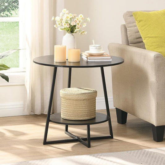 D&H FURNIMMT 20" Living Room Side Table Set of 2 for Small Spaces, 2 Tier Wood Top Round End Tables with Storage Shelf, Accent Sofa Table for Bedroom, Office, Sunroom, Balcony, Black