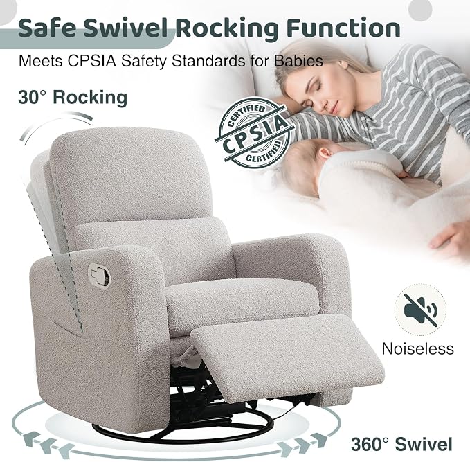 Swivel Rocker Recliner, Oversized Teddy Manual Nursery Glider Rocking Recliner with Removable Cushion, Upholstered Boucle Swivel Reclining Chair for Nursery Living Room Bedroom, Grey