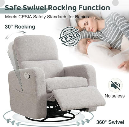 Swivel Rocker Recliner, Oversized Teddy Manual Nursery Glider Rocking Recliner with Removable Cushion, Upholstered Boucle Swivel Reclining Chair for Nursery Living Room Bedroom, Grey