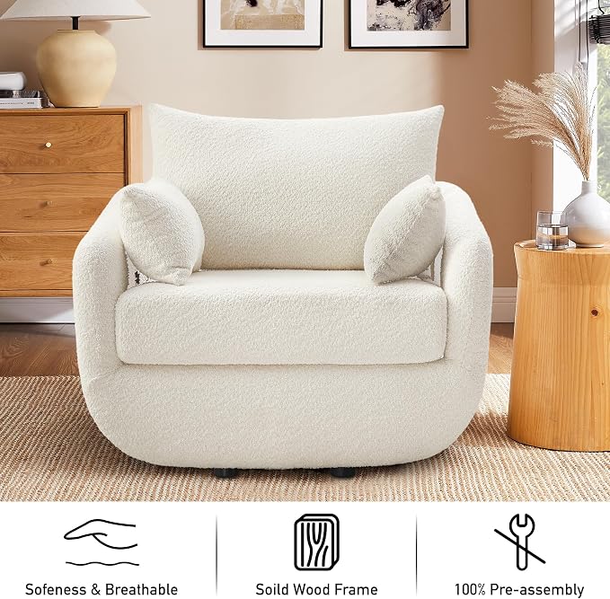 360° Swivel Accent Armchair, 39.3" Oversized, Sherpa Boucle Fabric Sofa Chair with Removable Back & Arm Pillows, Swivel Chair with Cozy Soft Padded (1, Cream White)