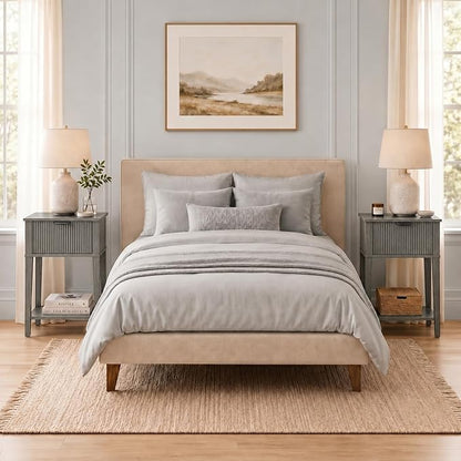 Weathered Gray 15" Wide Small Nightstand, Drawer, Open Shelf, Fluted | Weathered gray tone, ribbed fluted front, 11.8-inch slim depth, concealed storage, cool fit for sofa side or chair side
