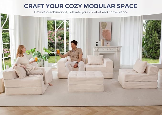 MAXYOYO Modular Sectional Sofa Couch, Foldable U Shaped Cloud Couch with Pillows, Tufted 6-Seat Boneless Lounger Sofa for Living Room, No Assembly Required, Beige